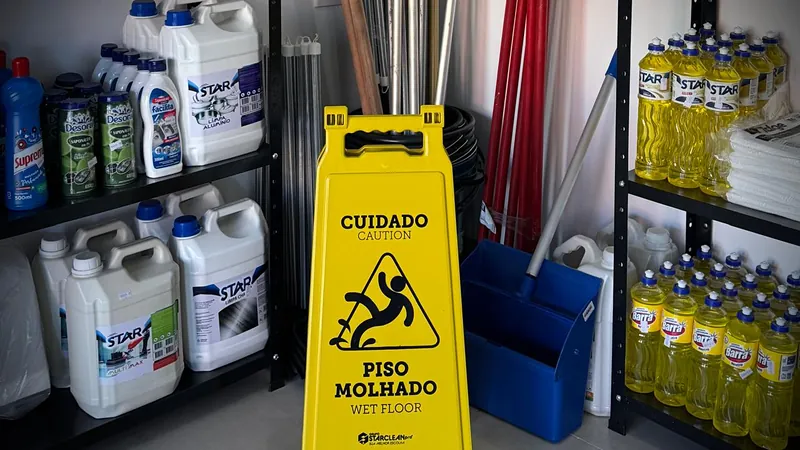 Área da loja com galões de limpador, placa de piso molhado, mops, balde e detergentes